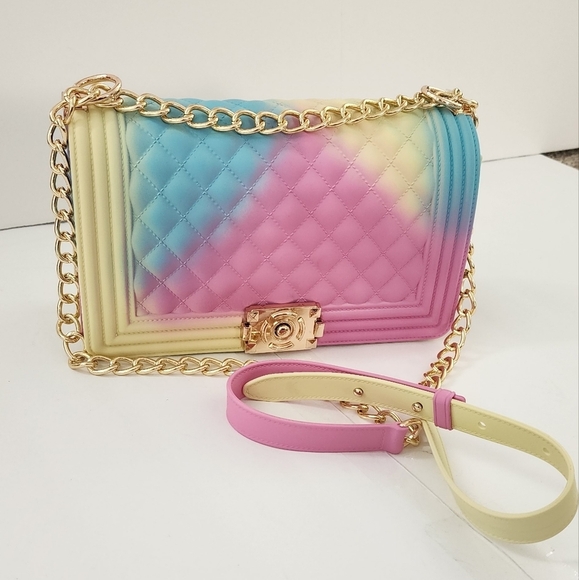 Caleesa Quilted Rainbow Color Crossbody Jelly Women's Rectangle Bag Purse - Picture 2 of 7